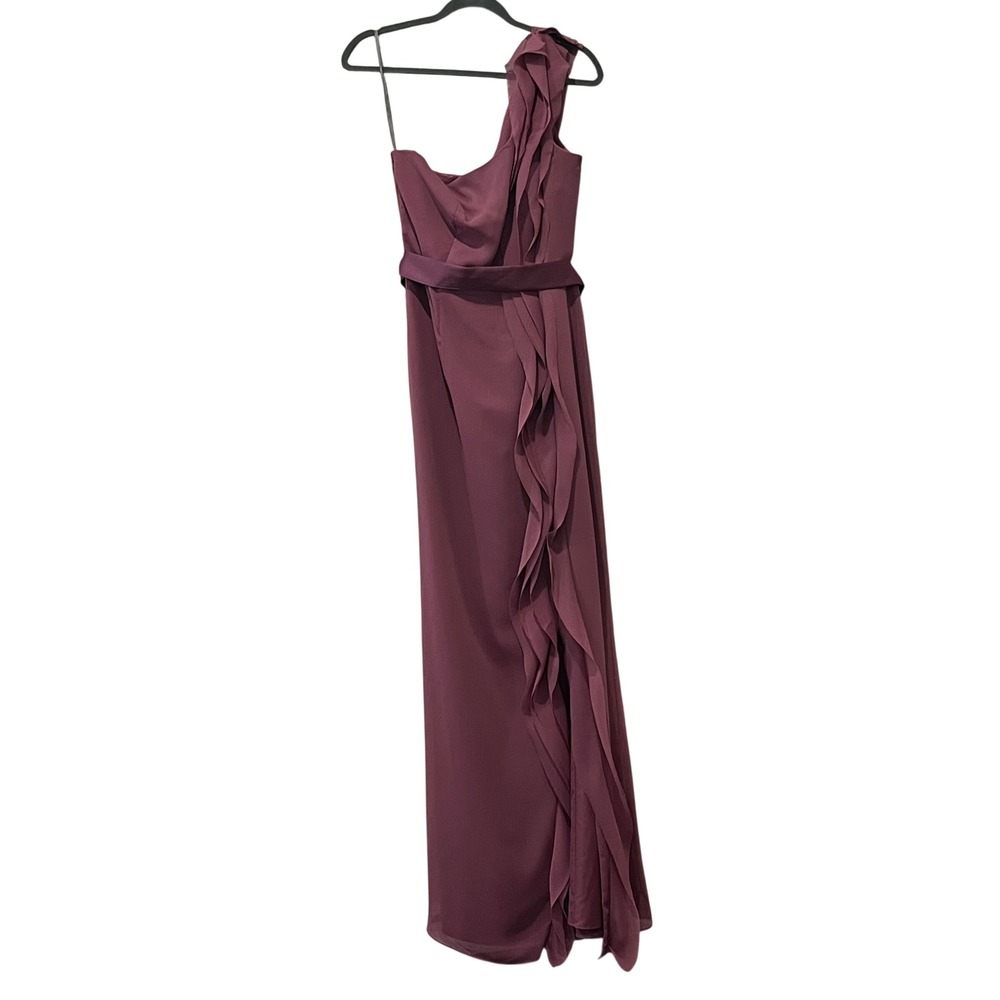 Vera Wang‎ White One Shoulder Ruffled Maxi Dress Bridesmaid Gown Chianti Pink 12